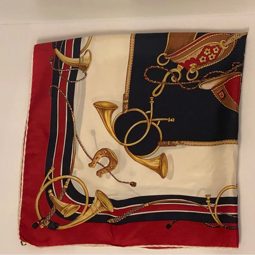 LUCIANO ITALY SCARF SILK SQUARE EQUESTRIAN HORSE RED CREAM BLACK GOLD VINTAGE